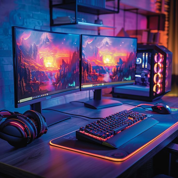 Modern gaming setup with multiple high-definition screens